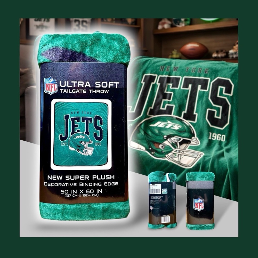 NFL Jets Vintage Arch Block Green Micro-plush Ultra Soft Tailgate Throw Blanket